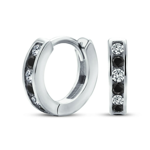 16 mm Sterling Silver Small Hoop Earrings Channel Set Square CZ 5/8 in 16 mm Sterling Silver Small Hoop Earrings Channel Set Square CZ 5/8 in